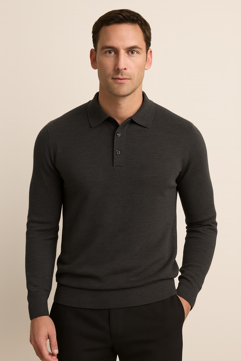 Men's Knitted Polo Shirt in dark grey, long sleeve fine knit, front view on a model