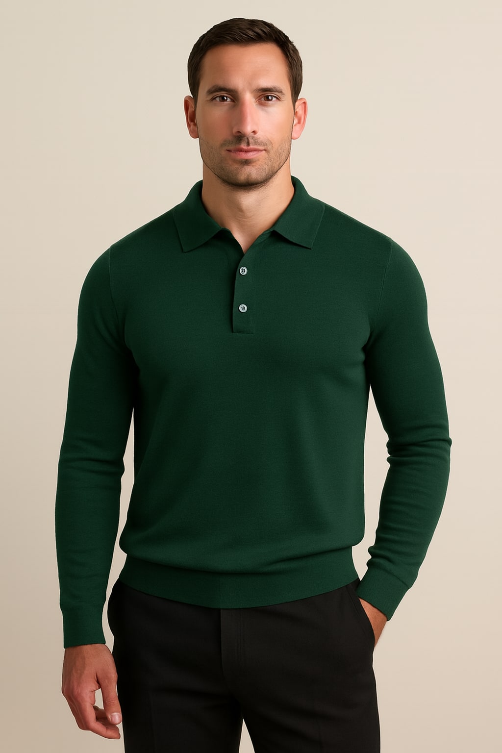 Men's Knitted Polo Shirt in green, long sleeve fine knit, front view on a model