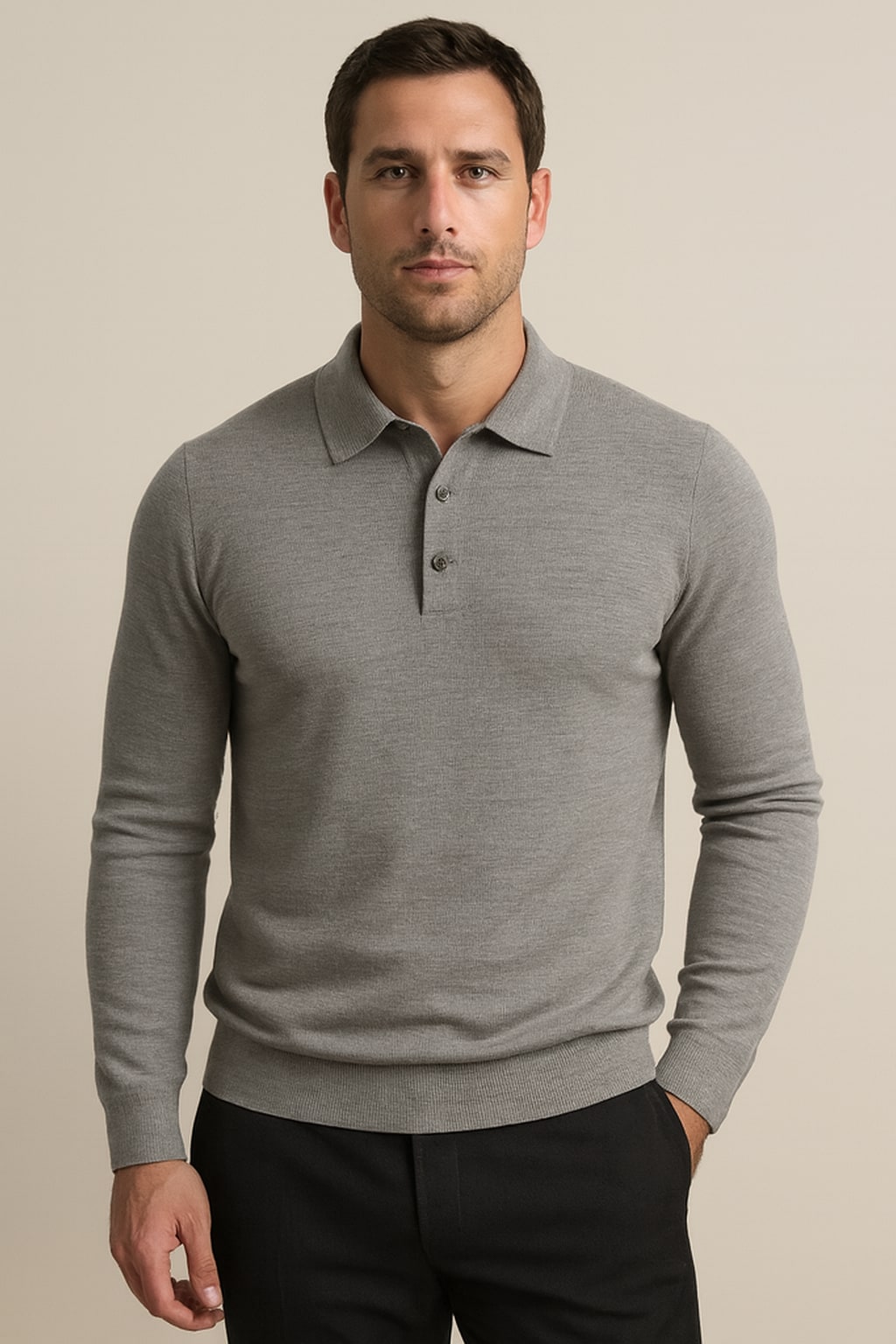 Men's Knitted Polo Shirt in light grey, long sleeve fine knit, front view on a model