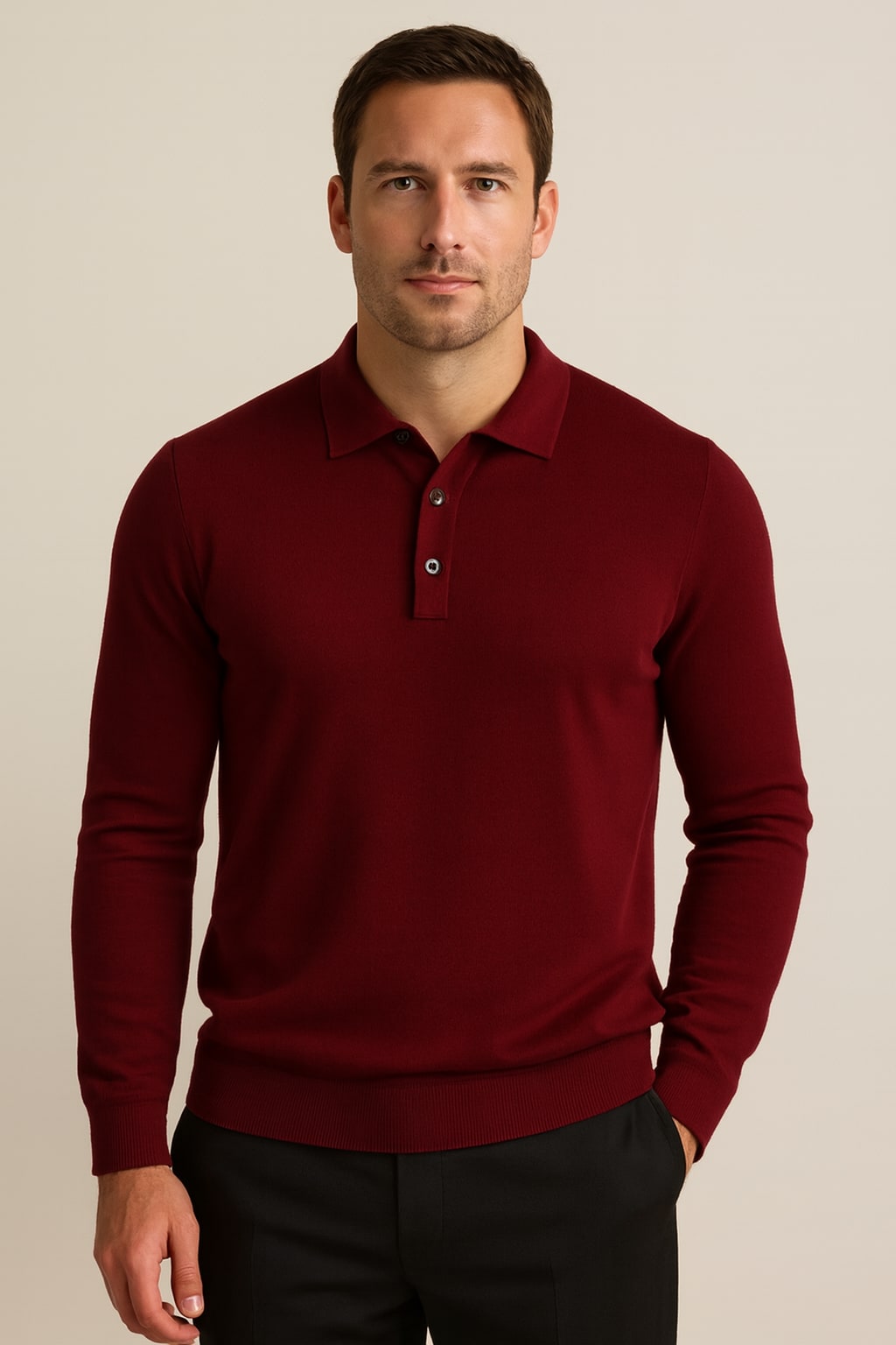 Men's Knitted Polo Shirt in merlot, long sleeve fine knit, front view on a model
