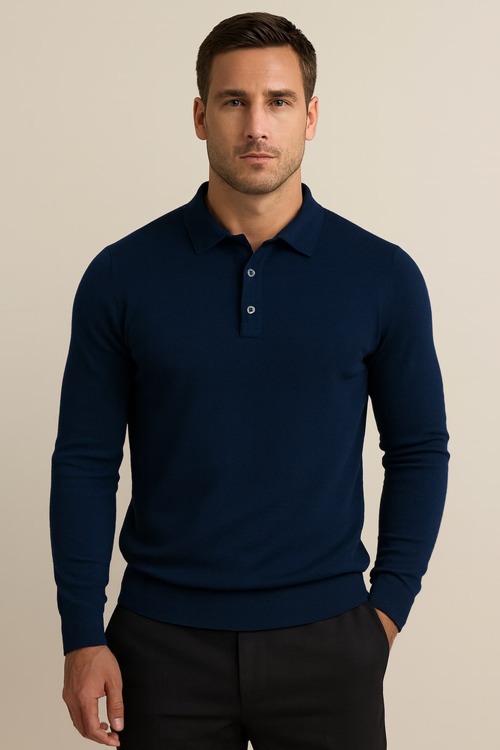 Men's Knitted Polo Shirt in navy, long sleeve fine knit, front view on a model