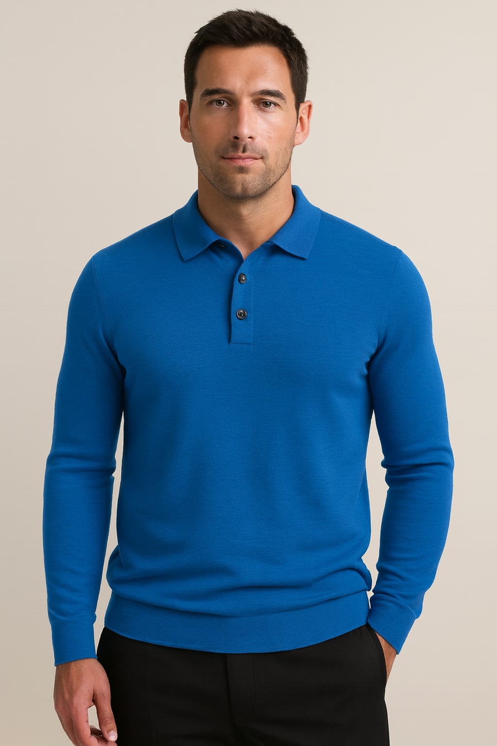 Men's Knitted Polo Shirt in sky blue, long sleeve fine knit, front view on a model