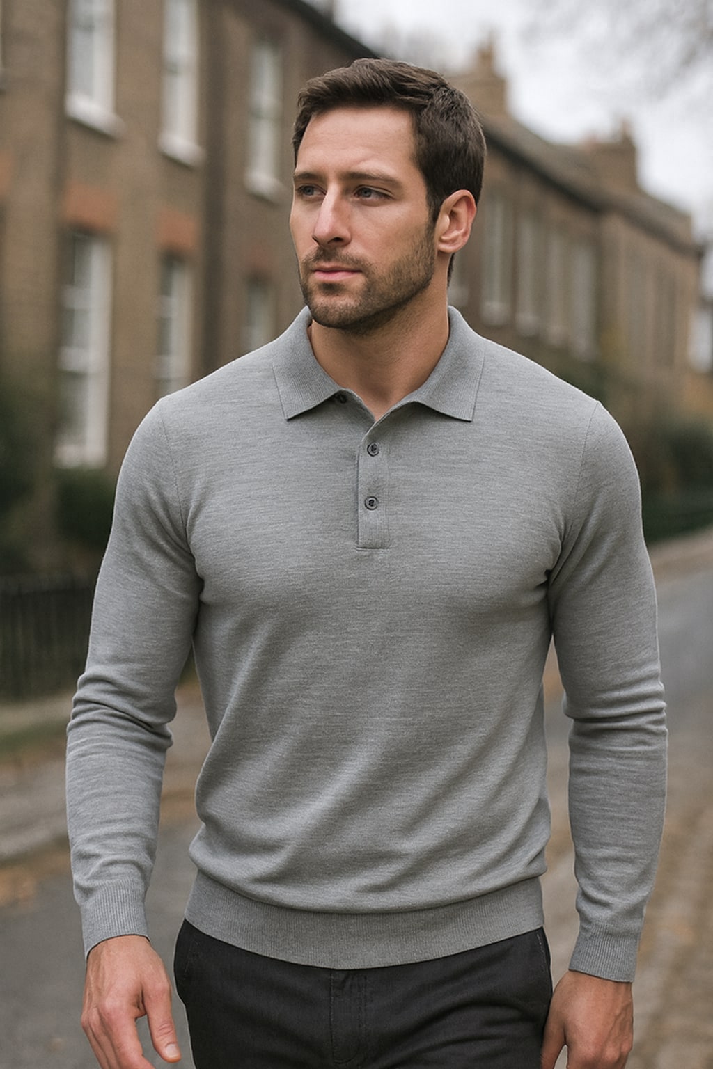 Man wearing the men's knitted polo shirt on an autumn street