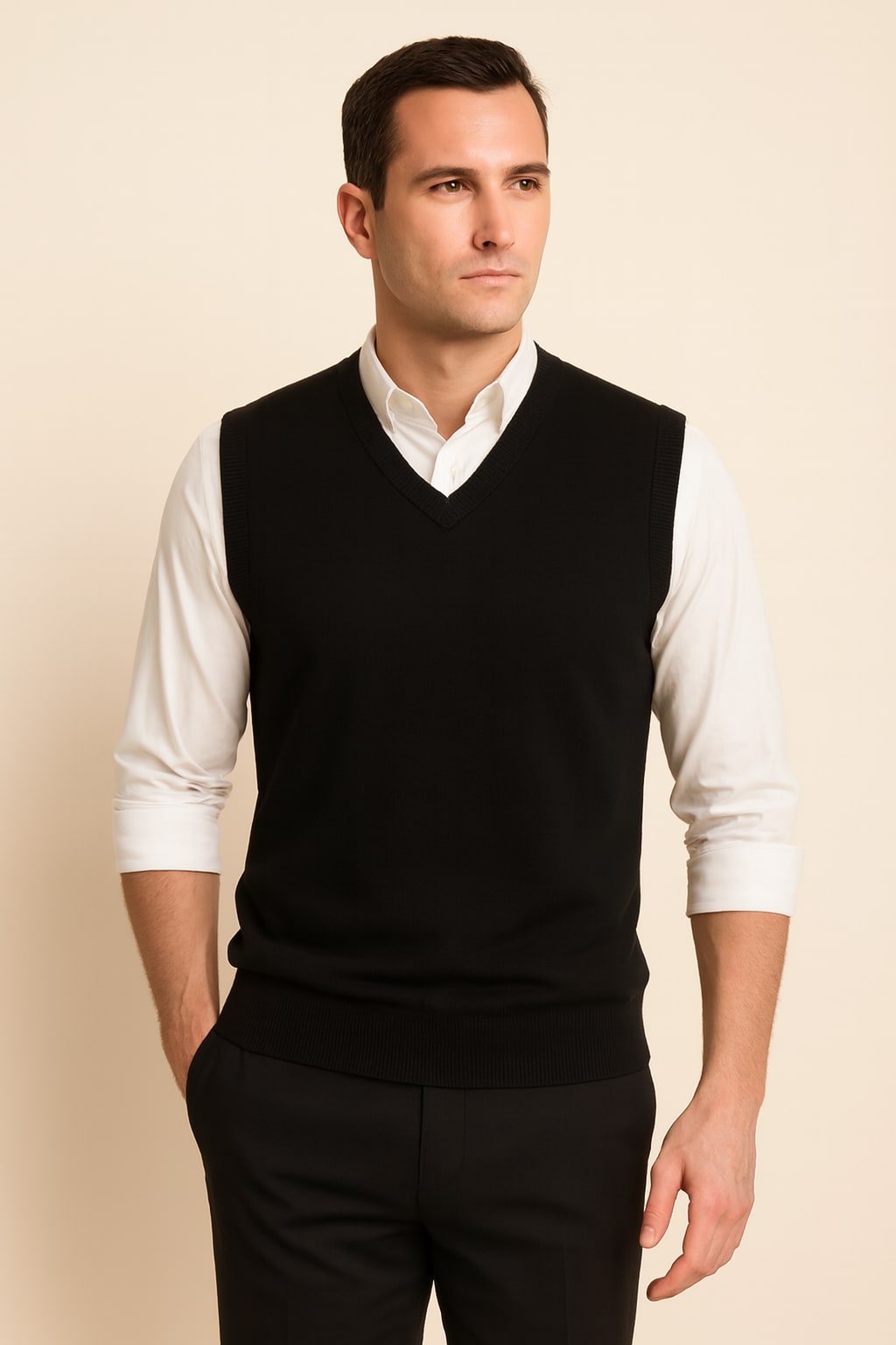 Men's Knitted Vest in black, v-neck sweater vest, front view on a model