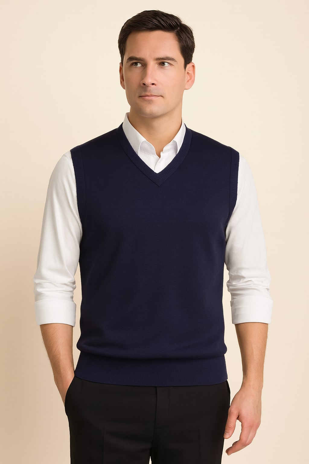Men's Knitted Vest in blue, v-neck sweater vest, front view on a model