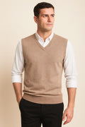 Men's Knitted Vest in brown, v-neck sweater vest, front view on a model