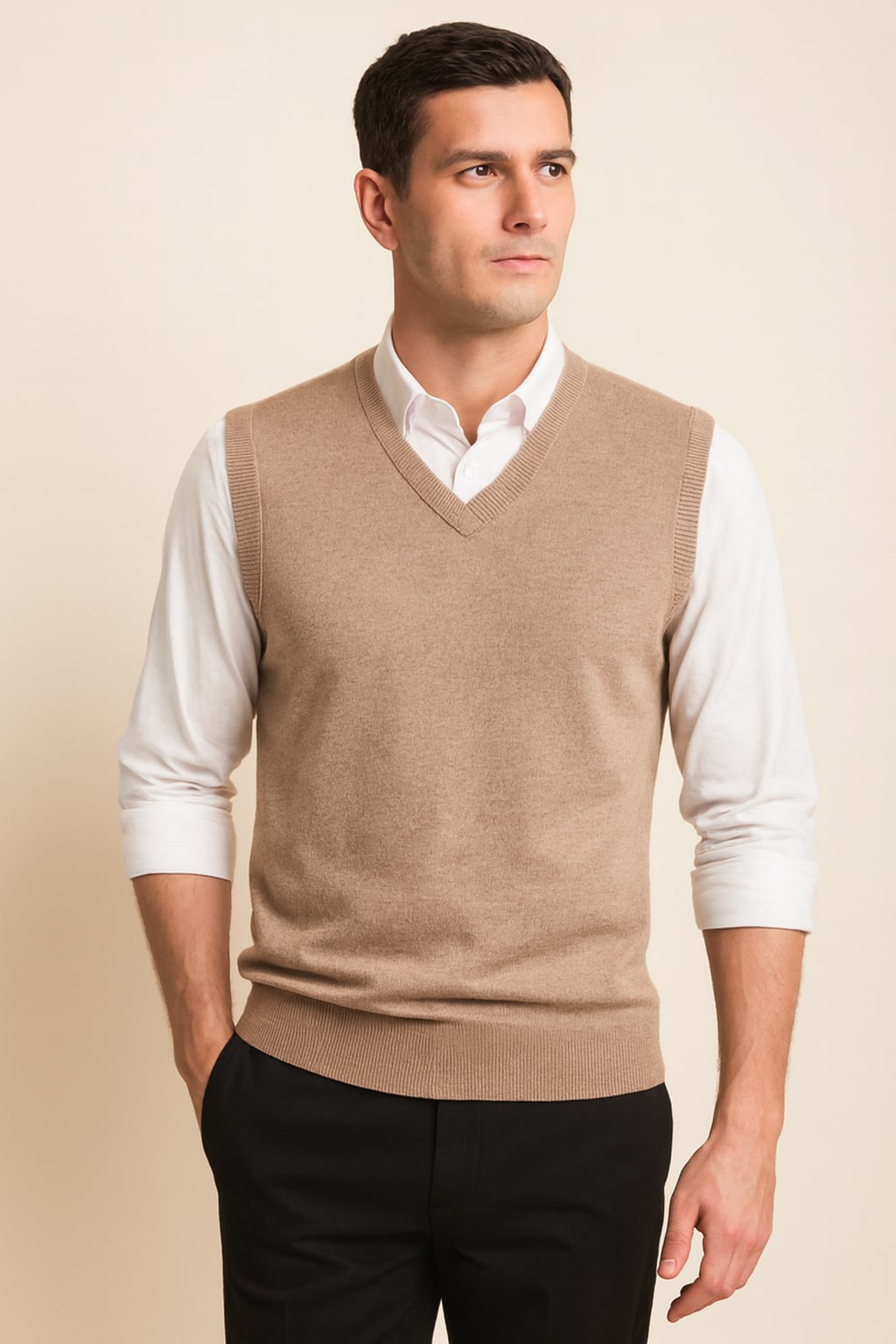 Men's Knitted Vest in brown, v-neck sweater vest, front view on a model