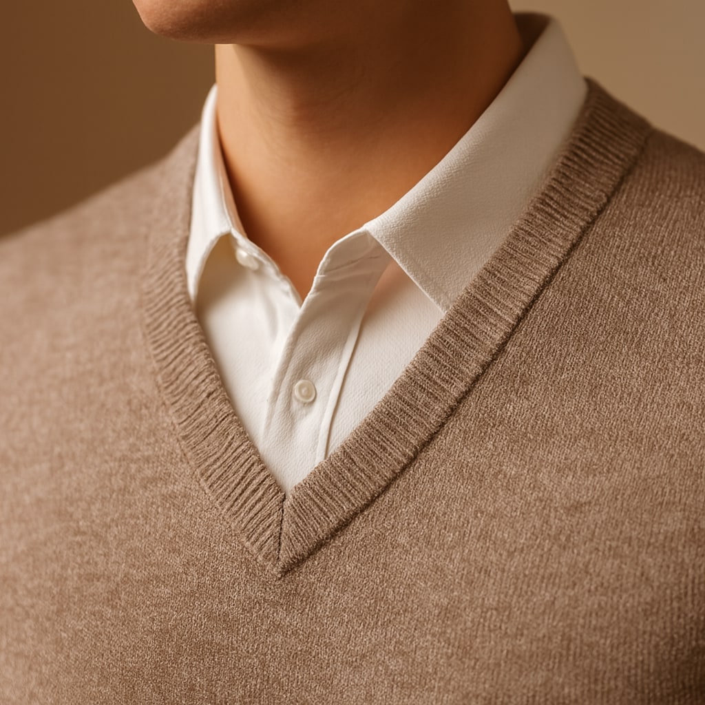 Close-up of the men's knitted vest showing the V-neck rib