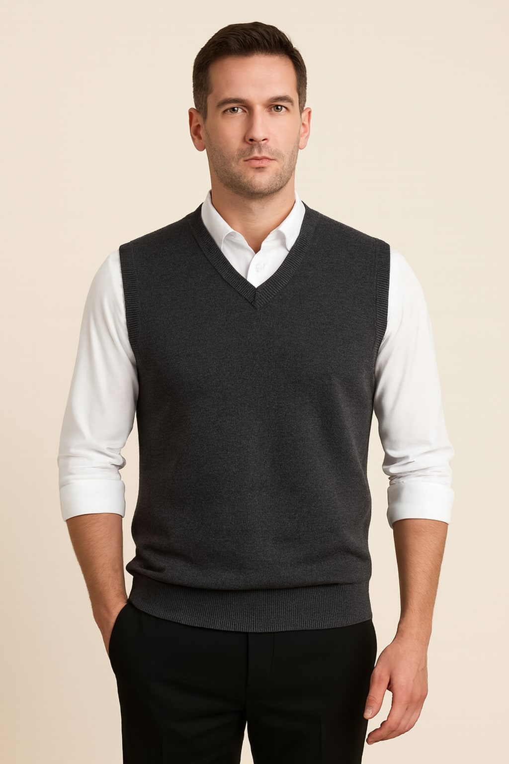 Men's Knitted Vest in dark grey, v-neck sweater vest, front view on a model
