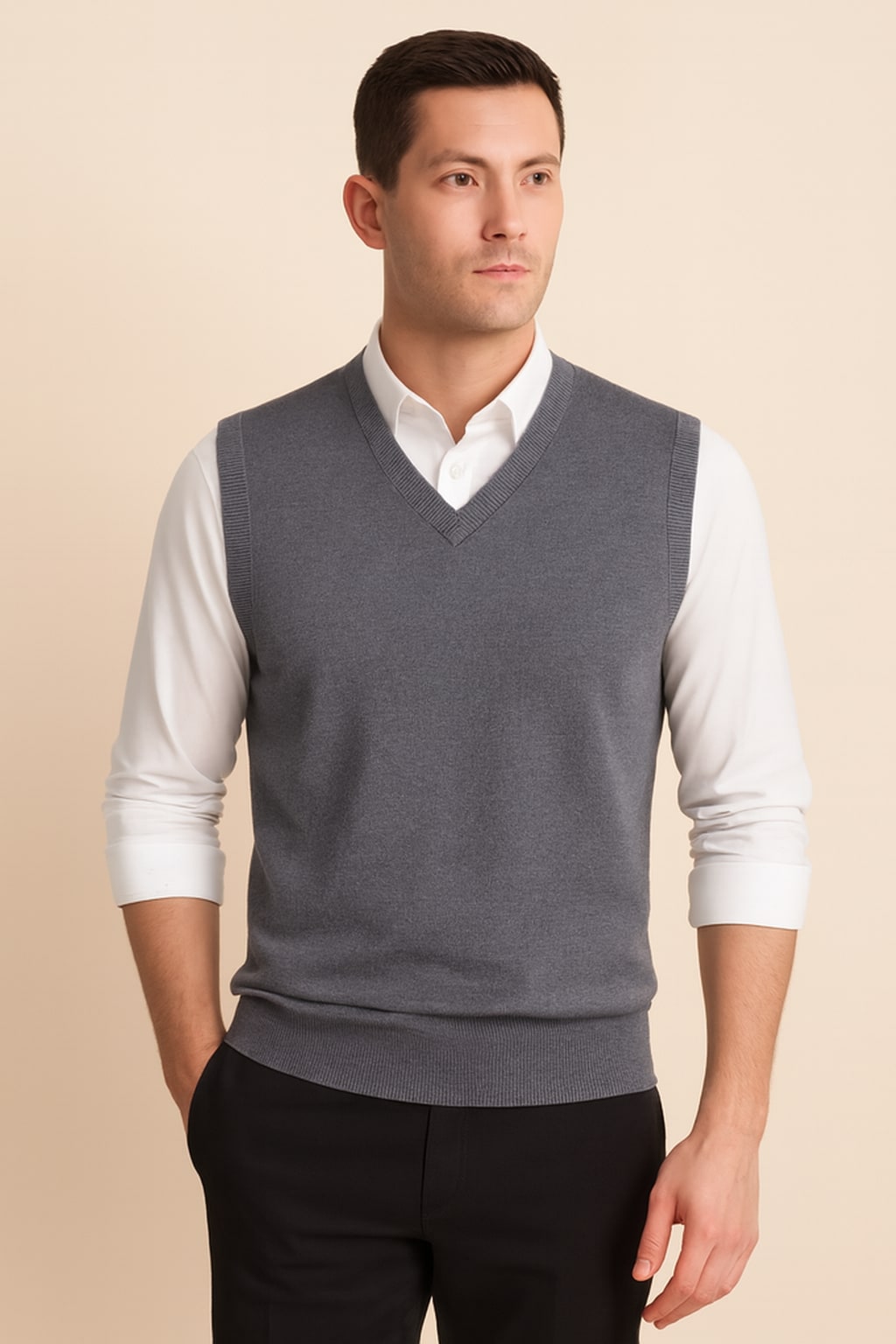 Men's Knitted Vest in grey, v-neck sweater vest, front view on a model