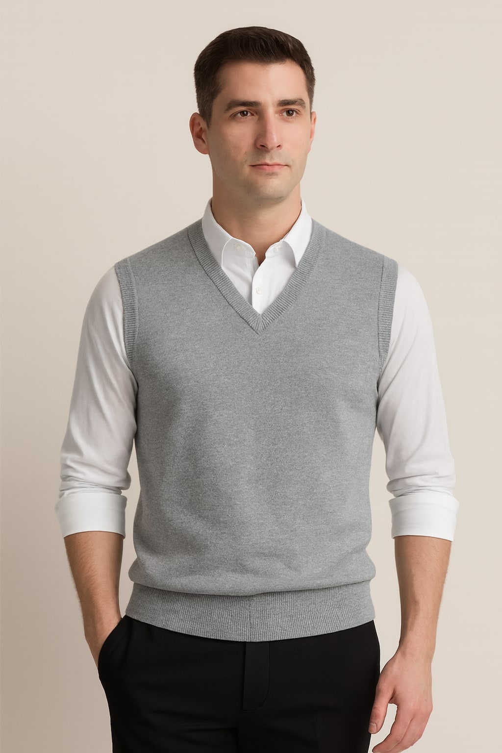 Men's Knitted Vest in light grey, v-neck sweater vest, front view on a model