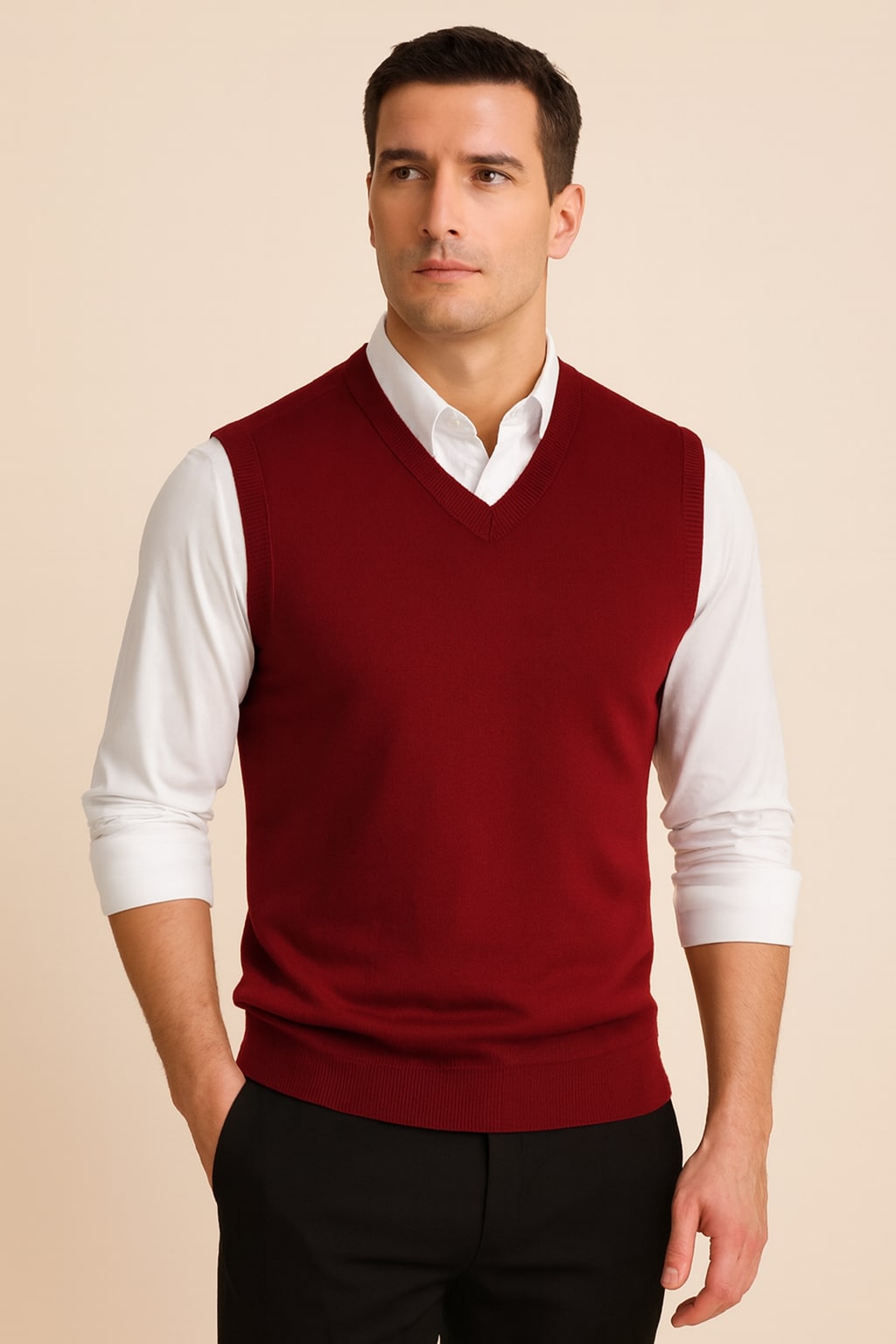 Men's Knitted Vest in red, v-neck sweater vest, front view on a model