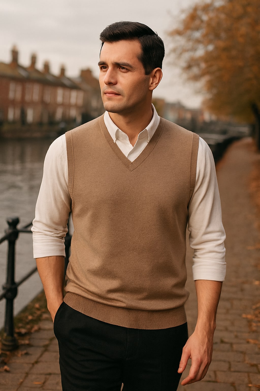 Man wearing the men's knitted vest on an autumn street