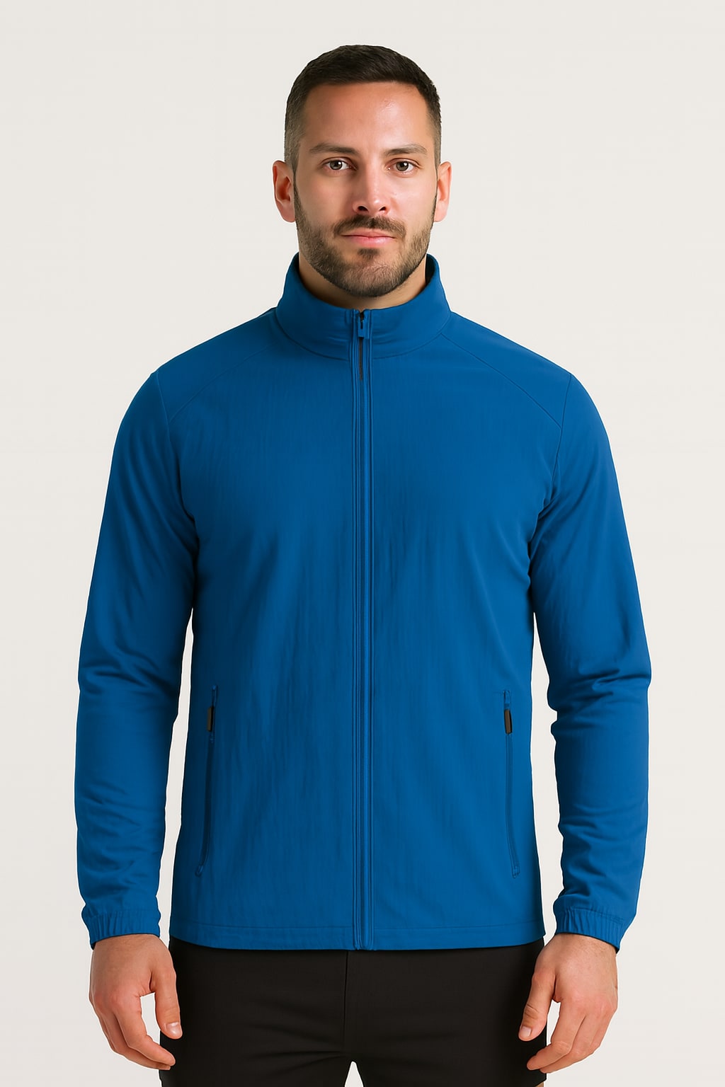 Men's Lightweight Jacket in blue, padded zip-up stand collar, front view on a model