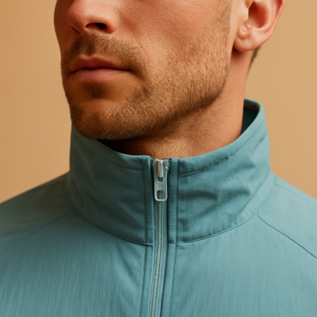 Close-up of the men's lightweight jacket showing the stand collar and zip