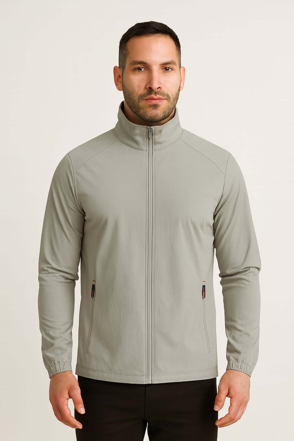 Men's Lightweight Jacket in grey, padded zip-up stand collar, front view on a model