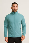 Men's Lightweight Jacket in light blue, padded zip-up stand collar, front view on a model