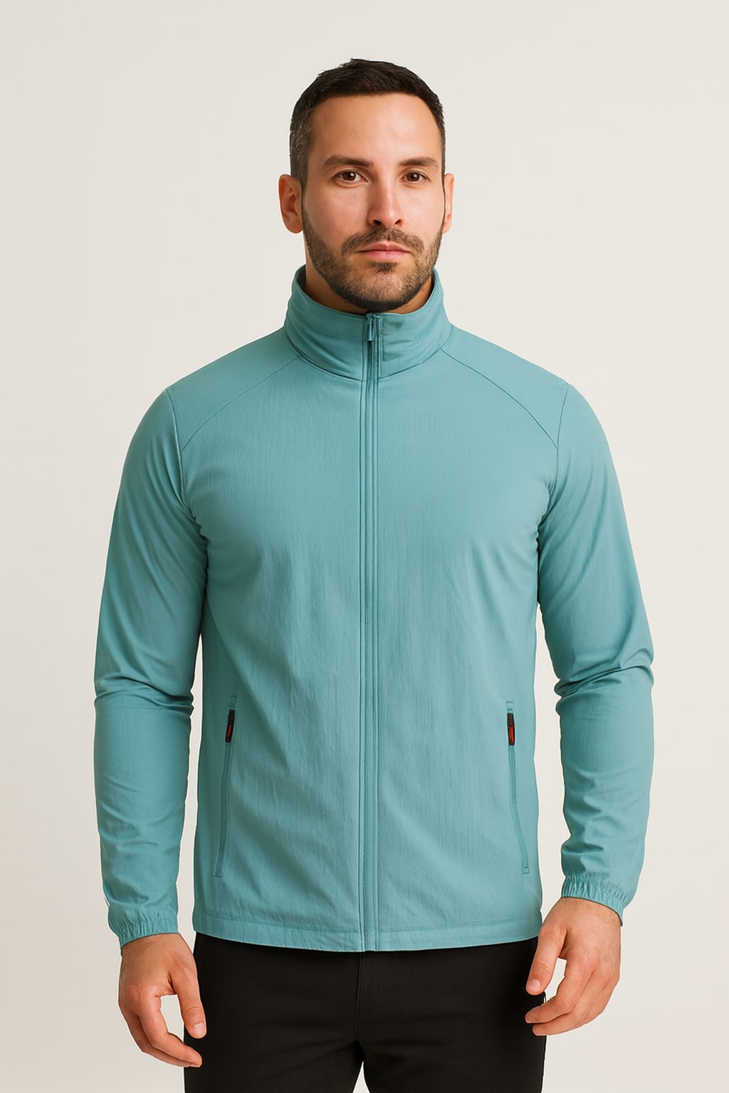 Men's Lightweight Jacket in light blue, padded zip-up stand collar, front view on a model