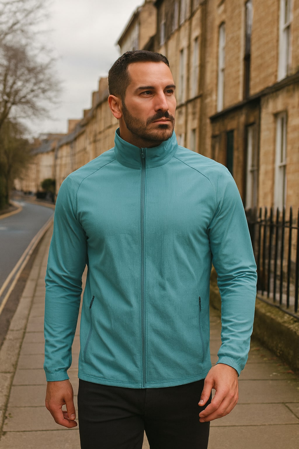 Man wearing the men's lightweight jacket on an autumn street