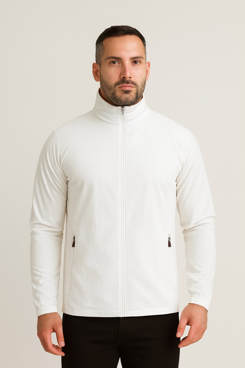 Men's Lightweight Jacket in white, padded zip-up stand collar, front view on a model