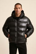 Men's Lightweight Puffer Jacket in black, padded layer, front view on a model