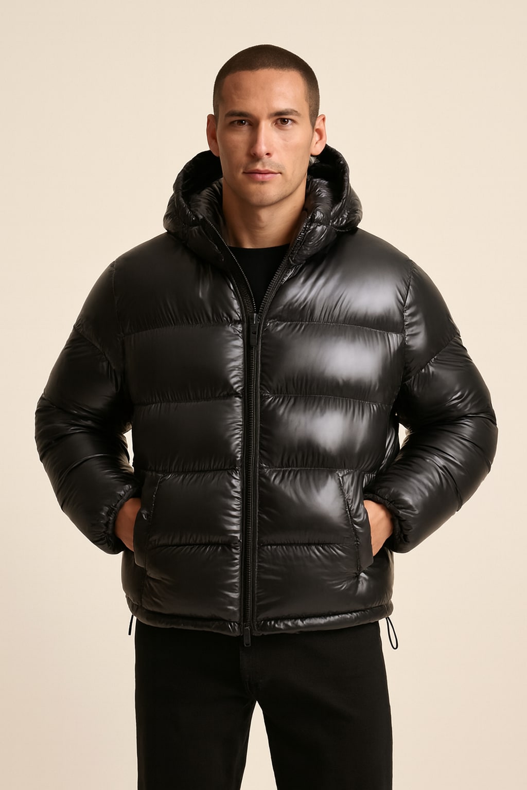 Men's Lightweight Puffer Jacket in black, padded layer, front view on a model