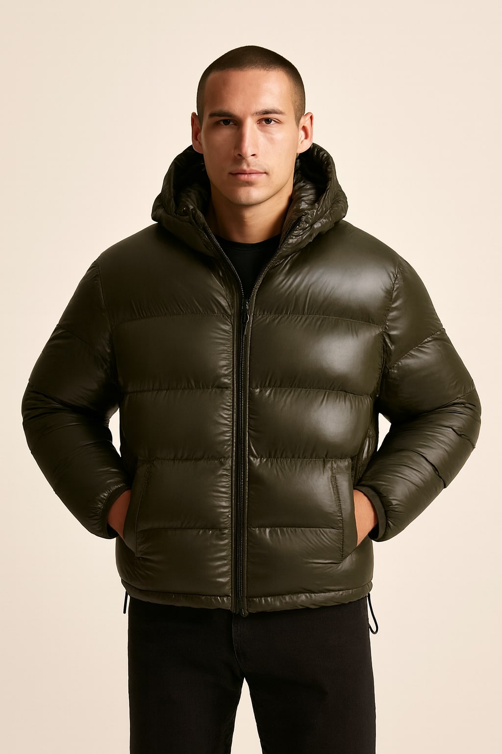 Men's Lightweight Puffer Jacket in green, padded layer, front view on a model