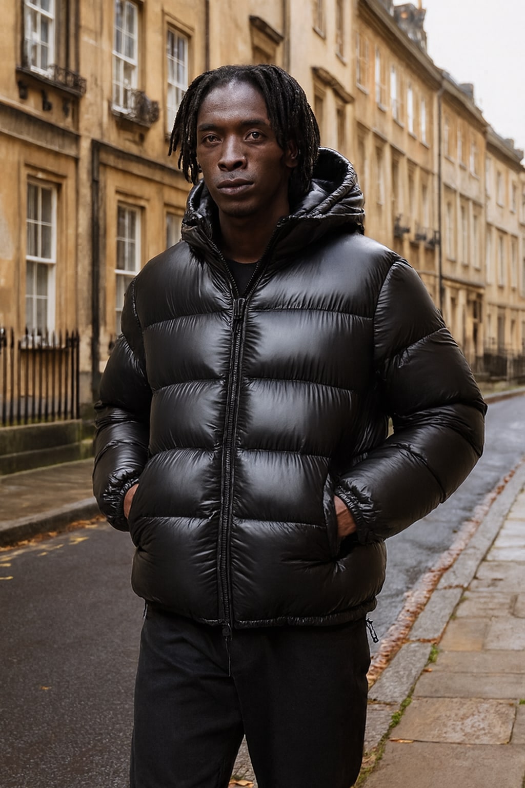 Man wearing the men's lightweight puffer jacket on an autumn street