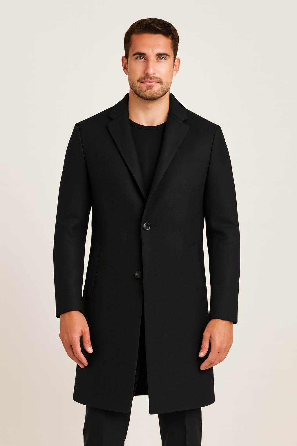 Men's Long Overcoat in black, two-button tailored smart coat, front view on a model