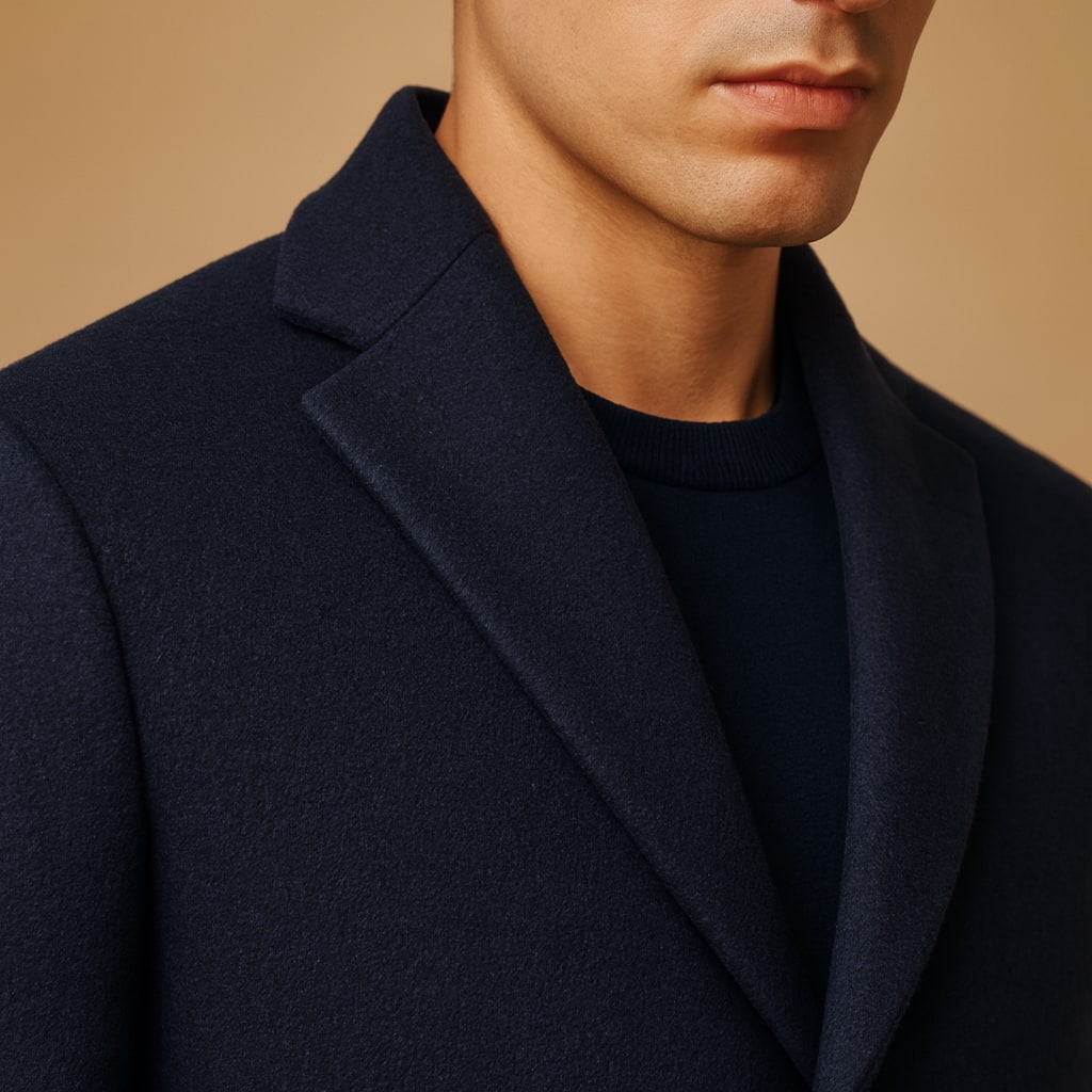 Close-up of the men's long overcoat showing the lapel and buttons