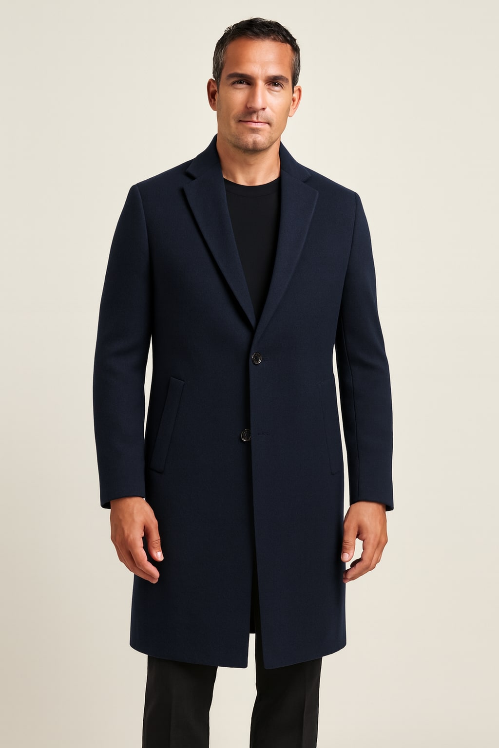 Men's Long Overcoat in dark blue, two-button tailored smart coat, front view on a model