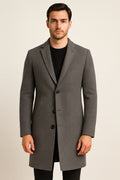 Men's Long Overcoat in grey, two-button tailored smart coat, front view on a model