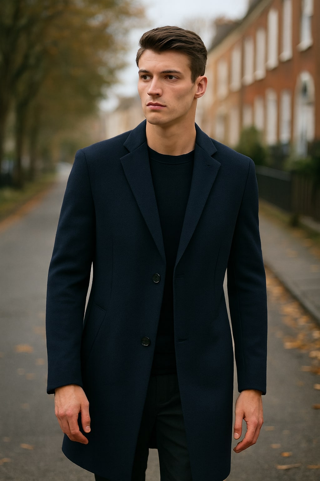 Man wearing the men's long overcoat on an autumn street