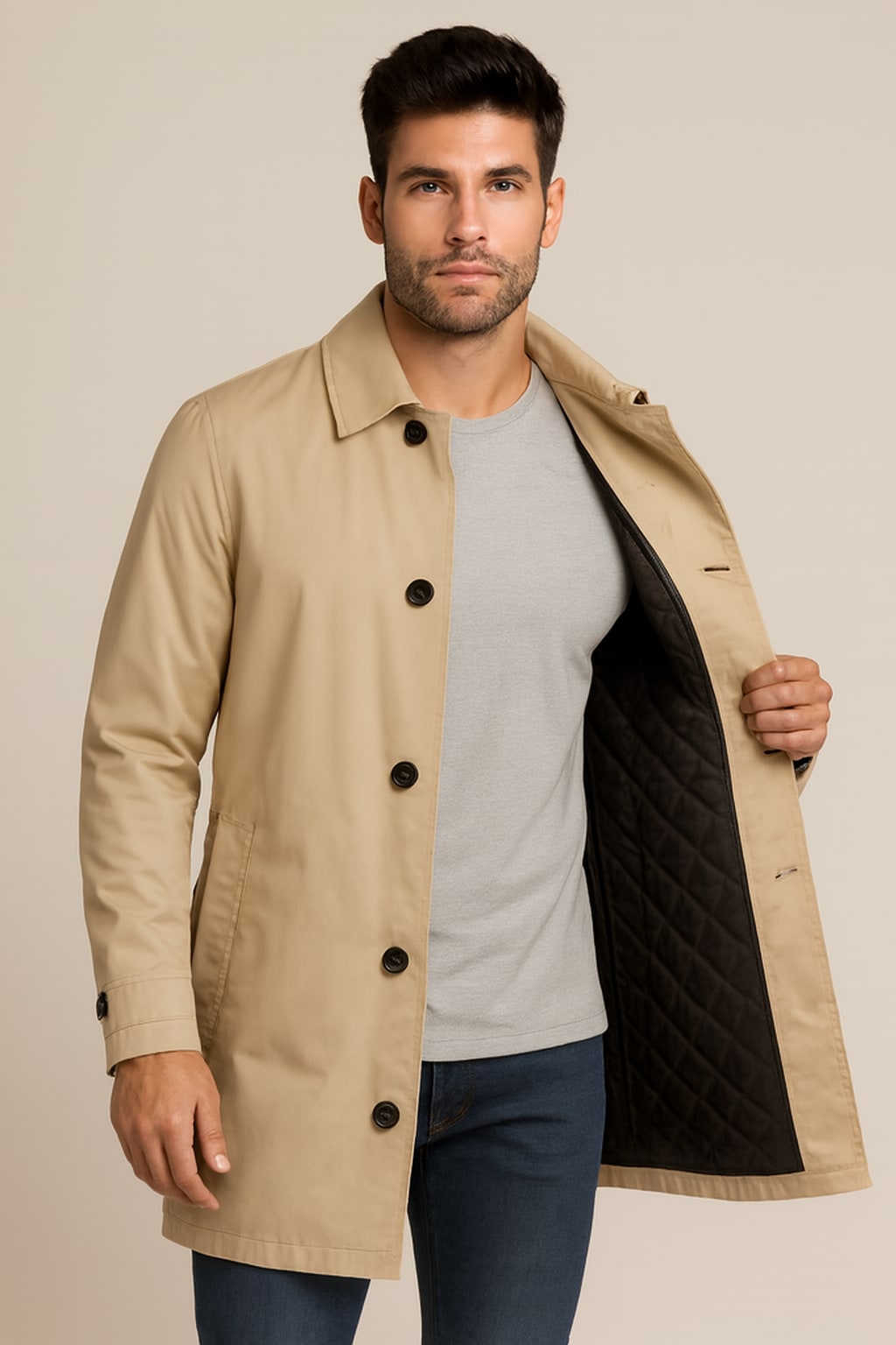 Men's Mac Coat in beige, quilted-lined button-front car coat, worn open to show the black diamond-quilted lining