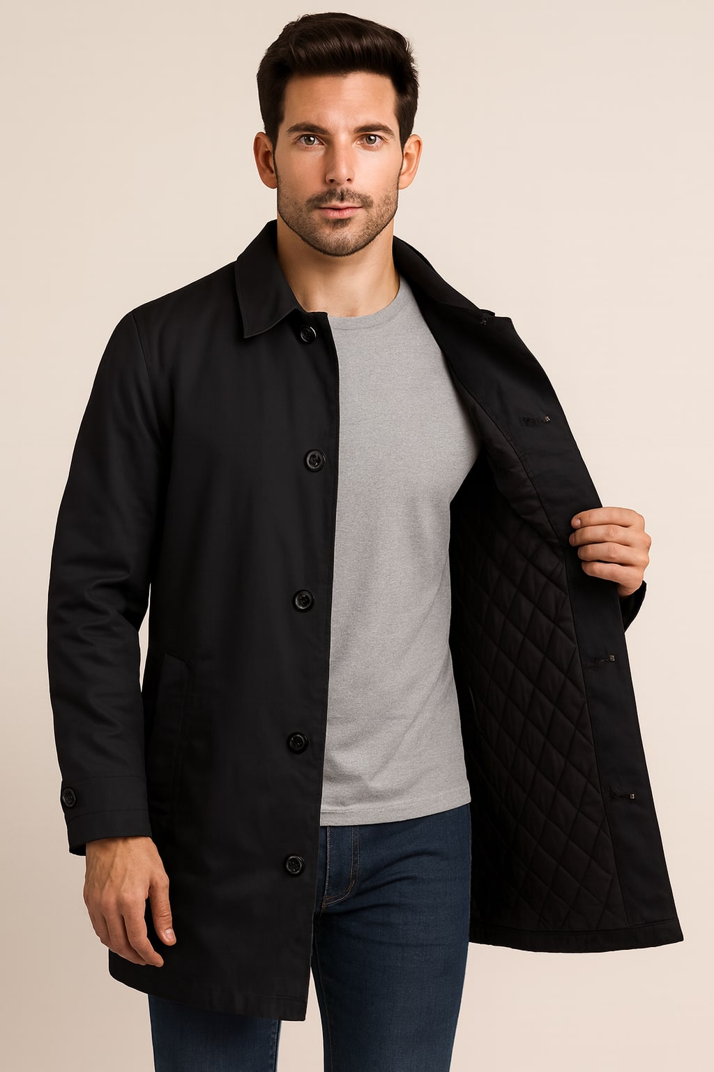 Men's Mac Coat in black, quilted-lined button-front car coat, worn open to show the black diamond-quilted lining