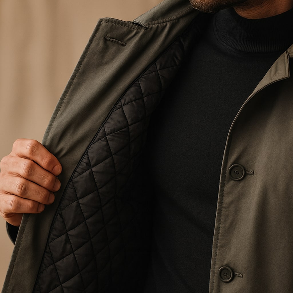 Close-up of the men's mac coat showing the quilted lining inside the front edge