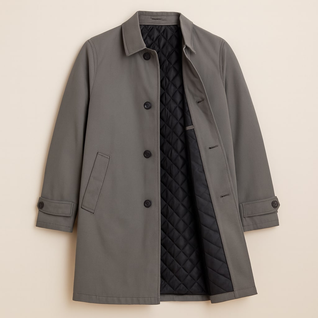 Inside view of the men's mac coat in grey showing the black diamond-quilted lining