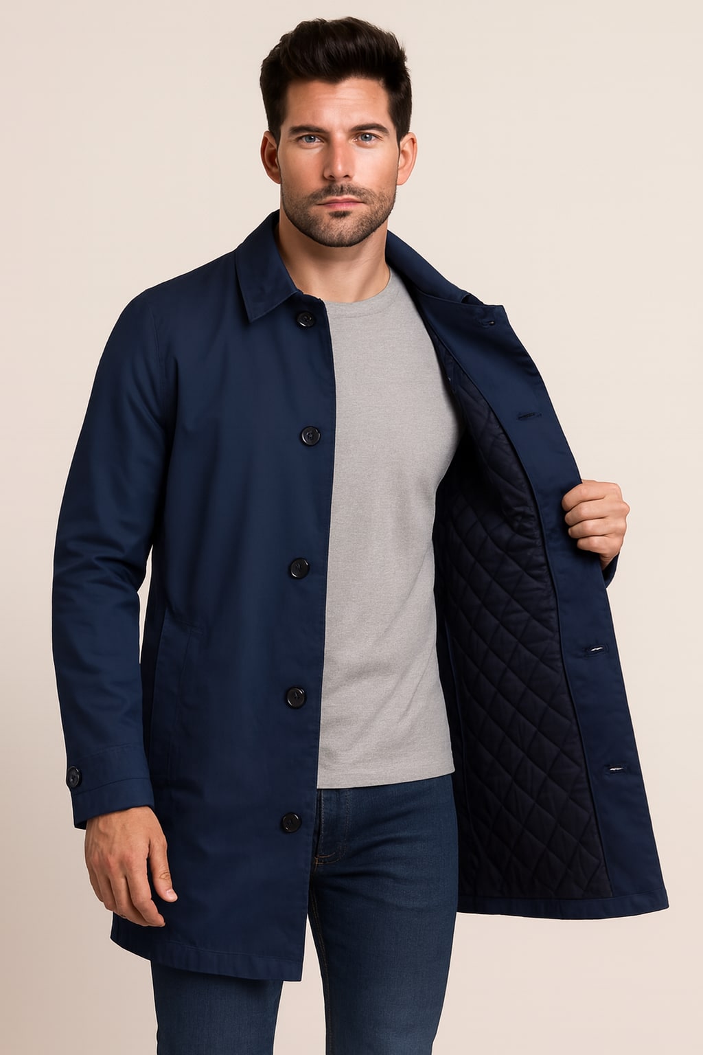 Men's Mac Coat in navy, quilted-lined button-front car coat, worn open to show the black diamond-quilted lining