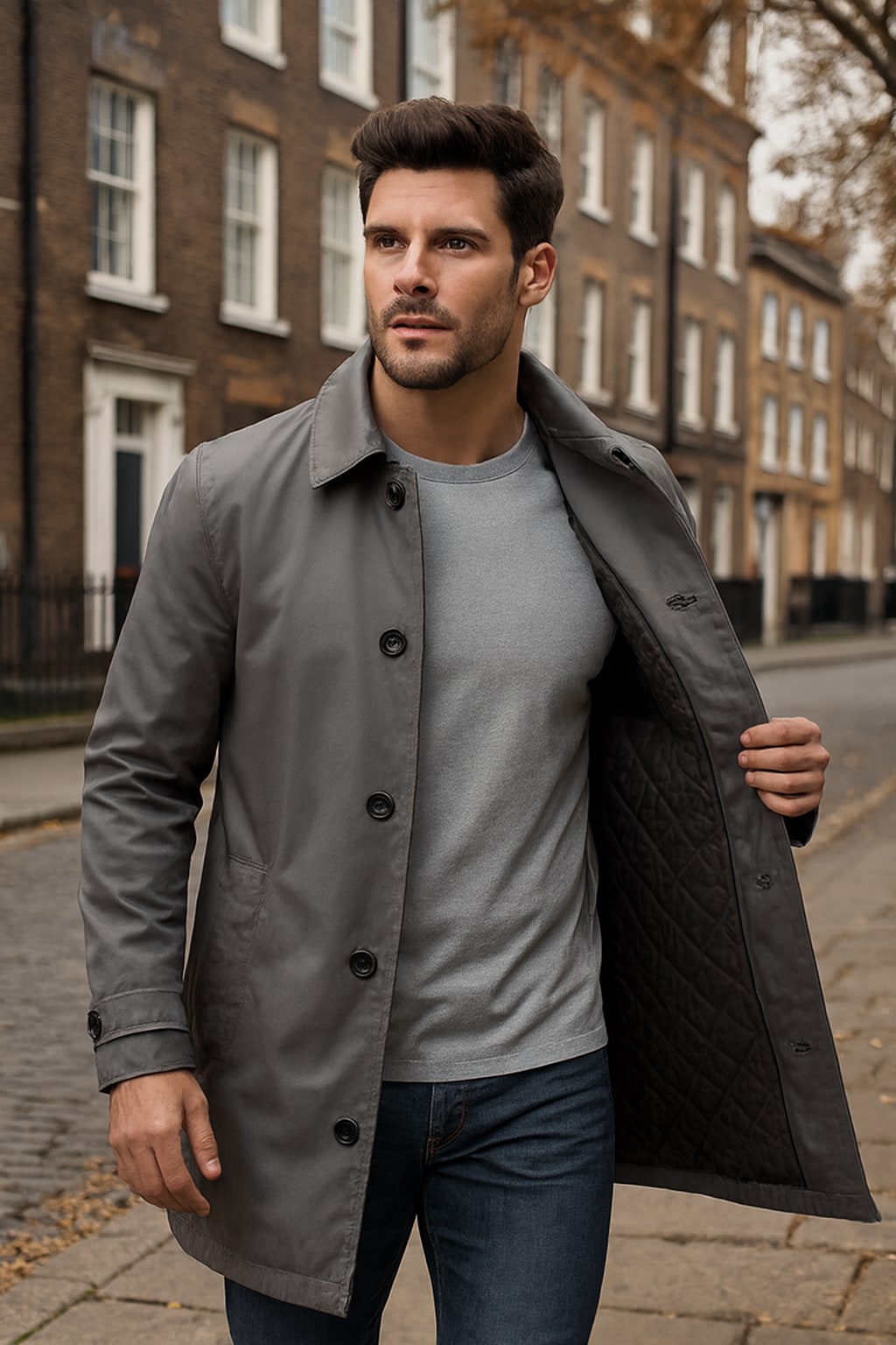 Man wearing the men's mac coat on an autumn street