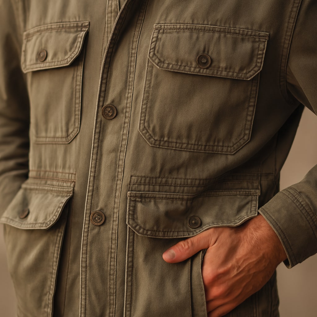 Close-up of the men's olive utility jacket showing the flap pockets