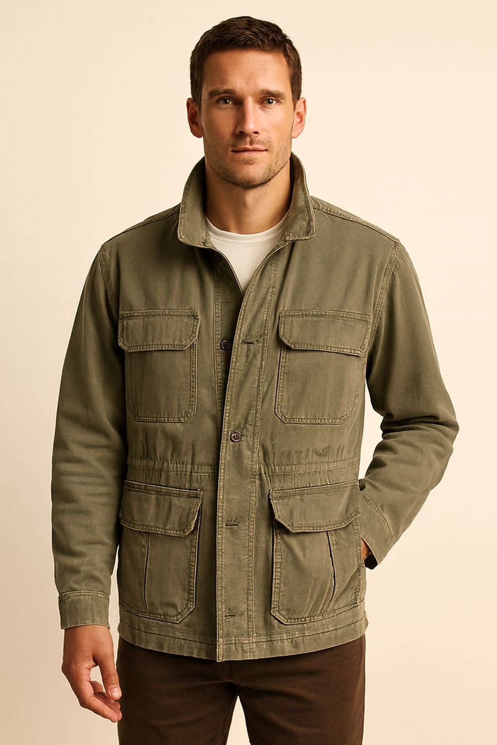 Men's Olive Utility Jacket in olive green, structured field style, front view on a model