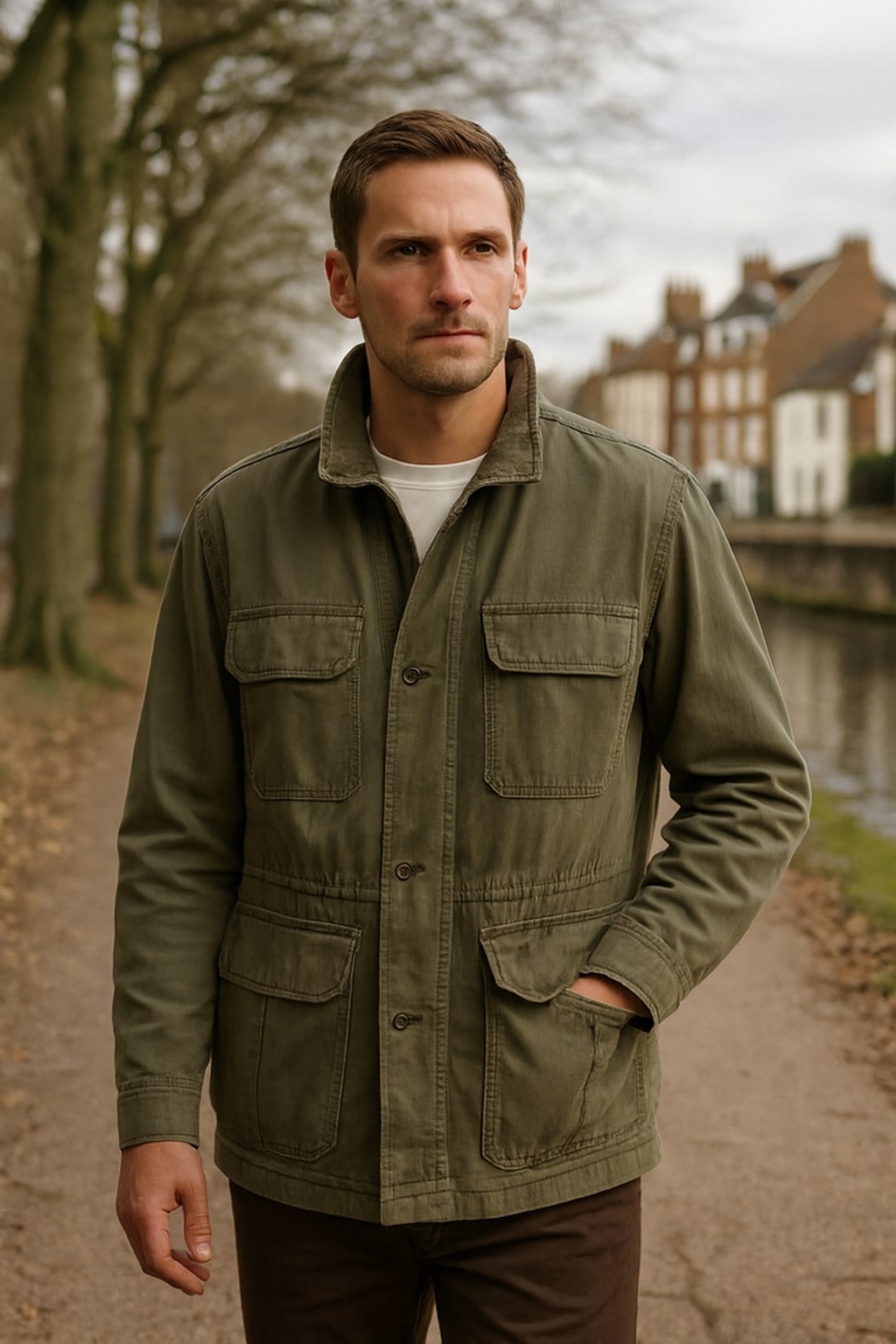 Man wearing the men's olive utility jacket on an autumn street