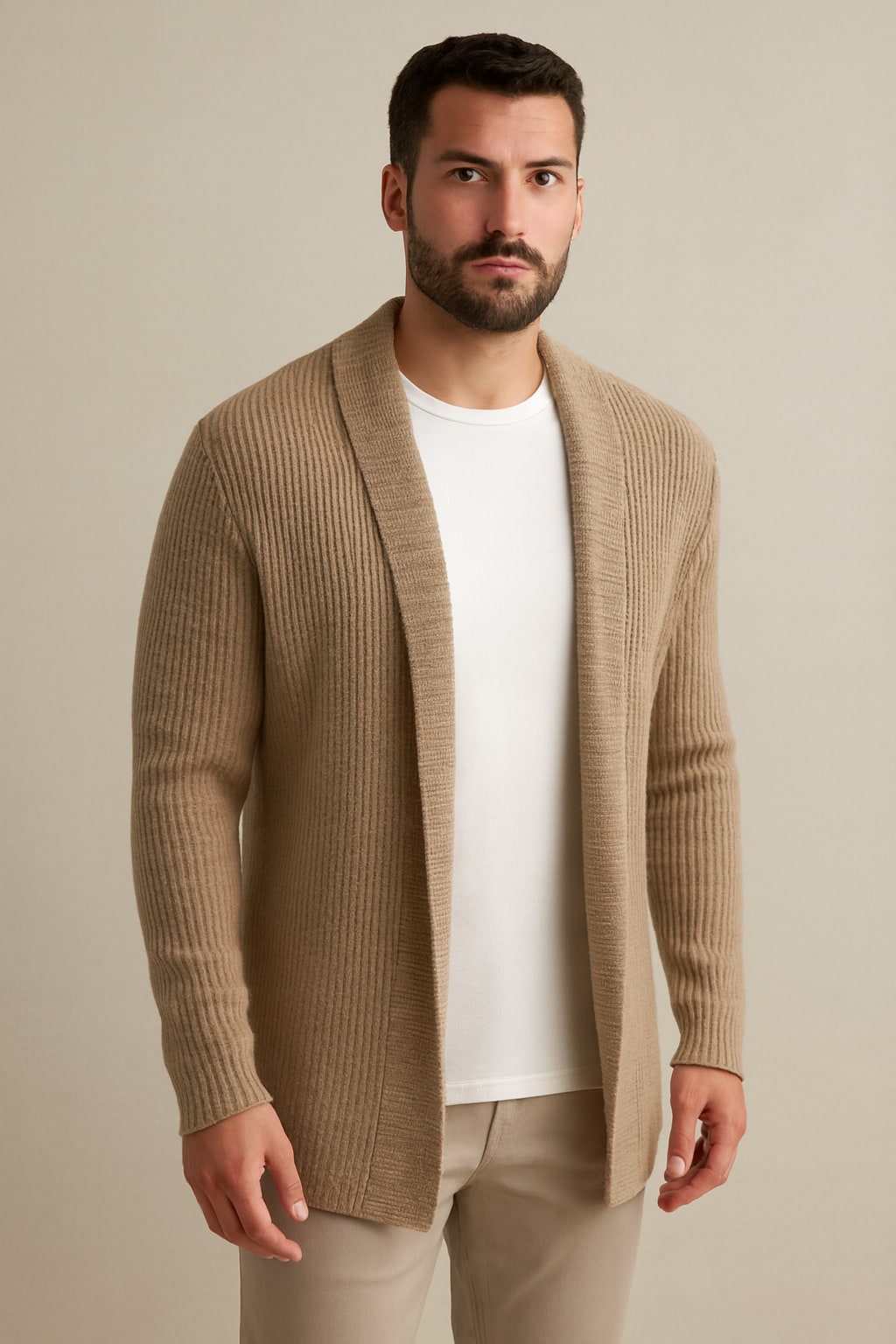 Men's Open Front Cardigan in beige, lightweight relaxed knit, front view on a model