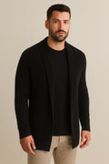 Men's Open Front Cardigan in black, lightweight relaxed knit, front view on a model
