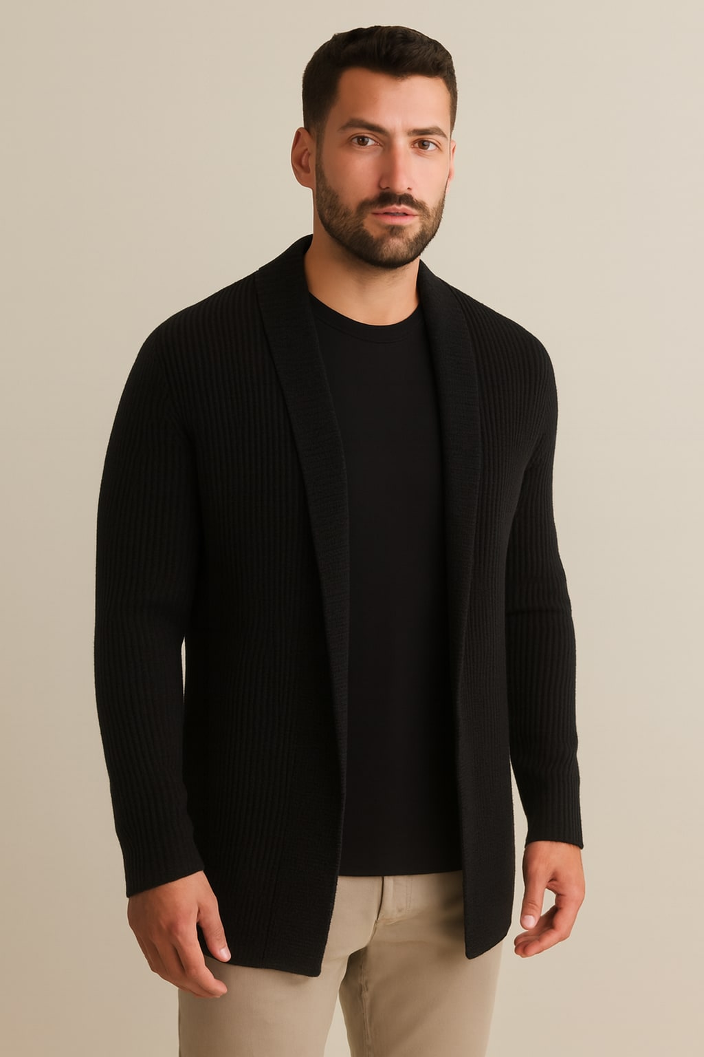 Men's Open Front Cardigan in black, lightweight relaxed knit, front view on a model