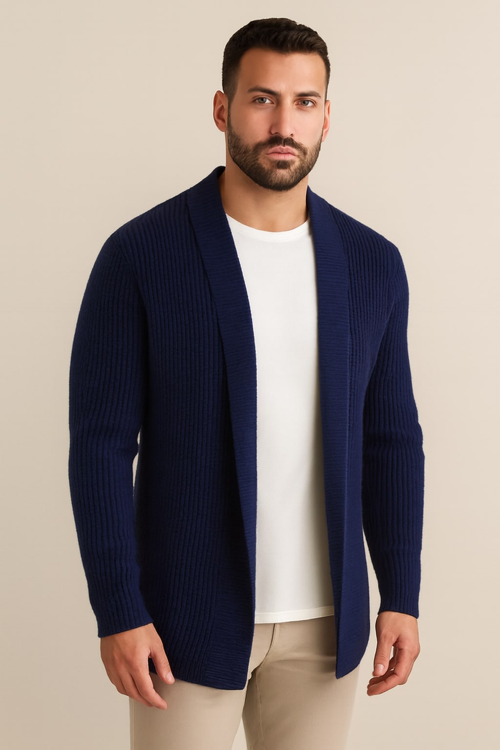Men's Open Front Cardigan in blue, lightweight relaxed knit, front view on a model