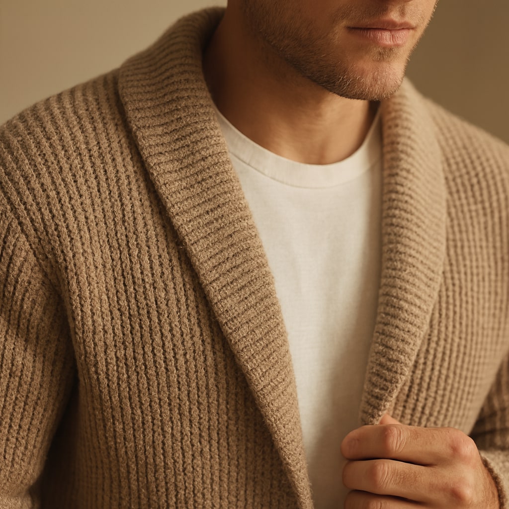 Close-up of the men's open front cardigan showing the rib knit texture