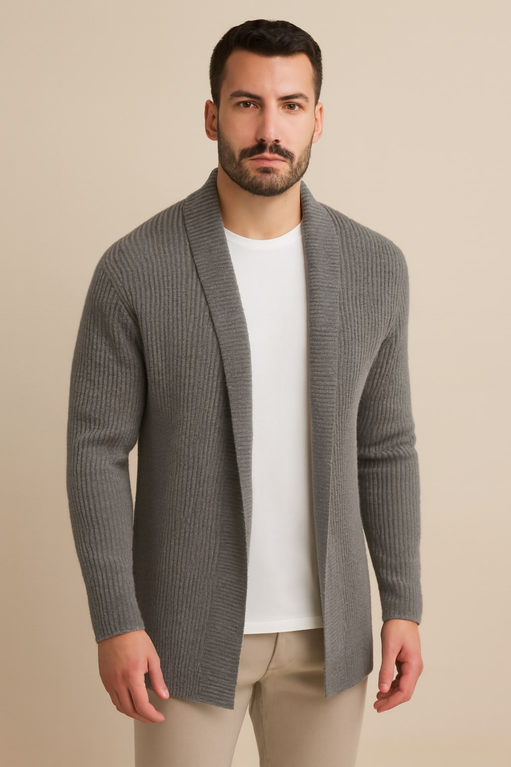 Men's Open Front Cardigan in grey, lightweight relaxed knit, front view on a model