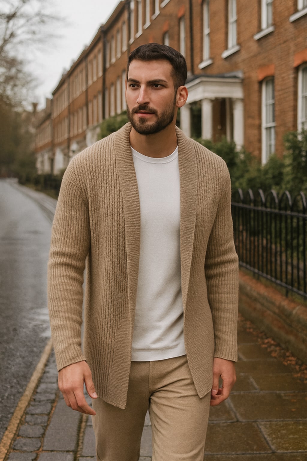 Man wearing the men's open front cardigan on an autumn street