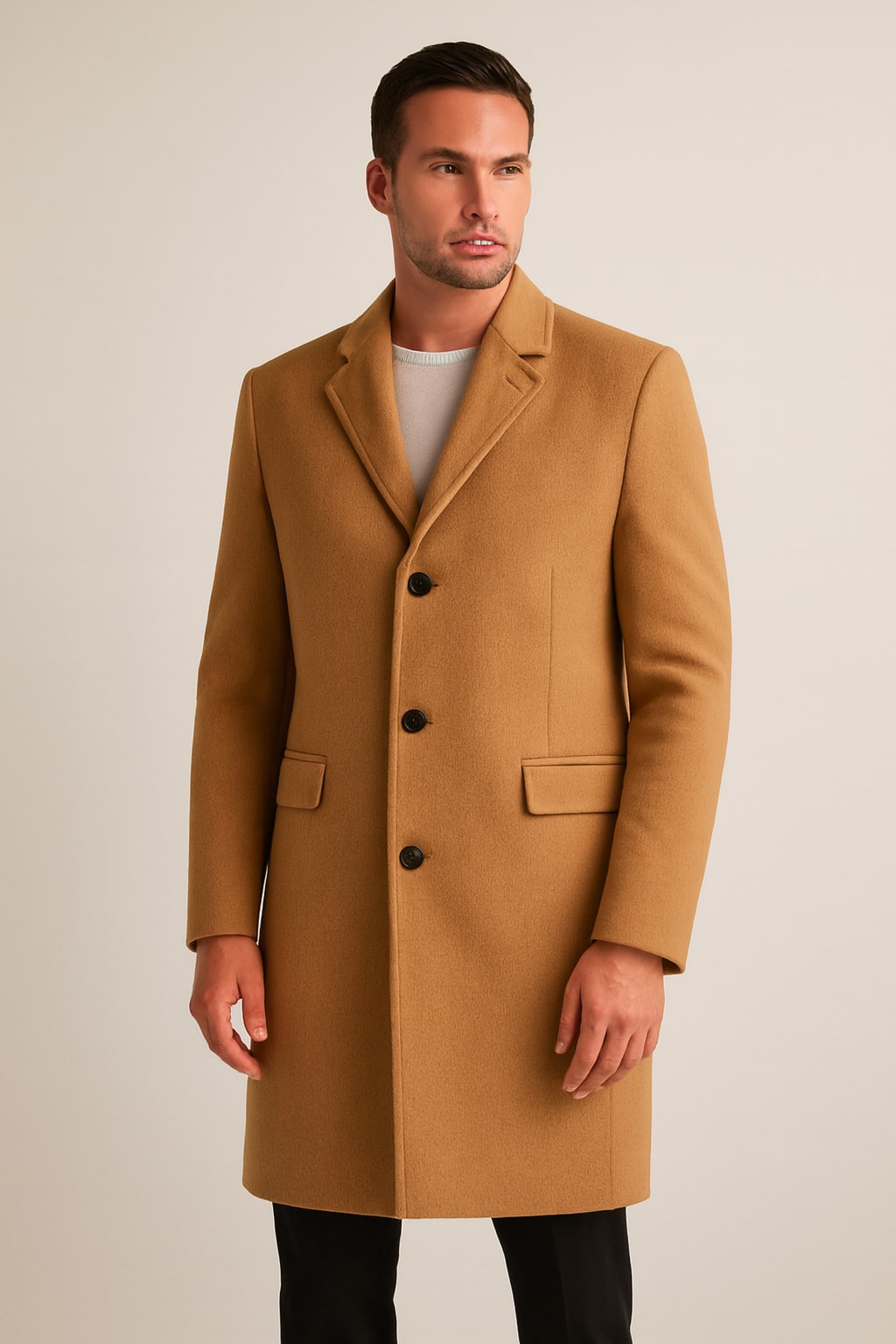 Men's Overcoat in beige, knee-length single-breasted wool-look, front view on a model
